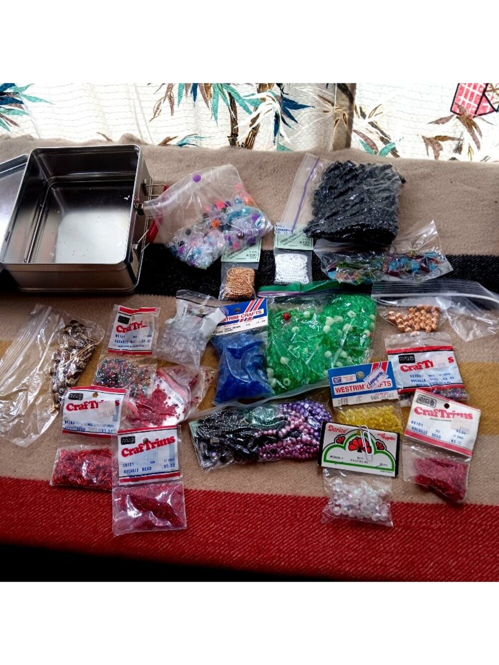 Assorted Glass & Plastic Craft Beads Lot With Storage Box